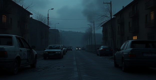 Una calle oscura y desierta con coches calcinados y humo en el aire. Al fondo, siluetas de edificios residenciales con luces encendidas en algunas ventanas. Un ambiente de tensión y miedo se percibe en la escena.