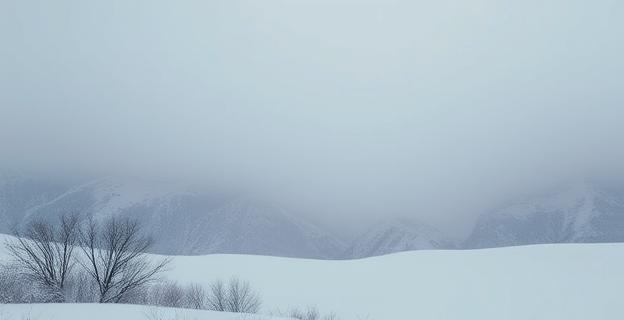 Paisaje invernal con niebla densa cubriendo un valle rodeado de montañas bajas, con árboles desnudos y una atmósfera gris y fría