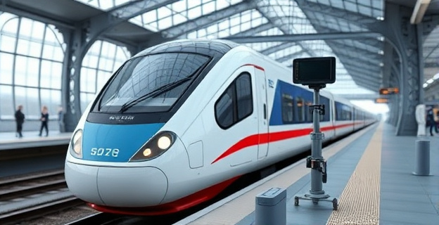 Una imagen conceptual que represente un tren de alta velocidad con equipos de medida avanzados, en una estación de tren moderna, con un fondo que sugiera tecnología y seguridad.