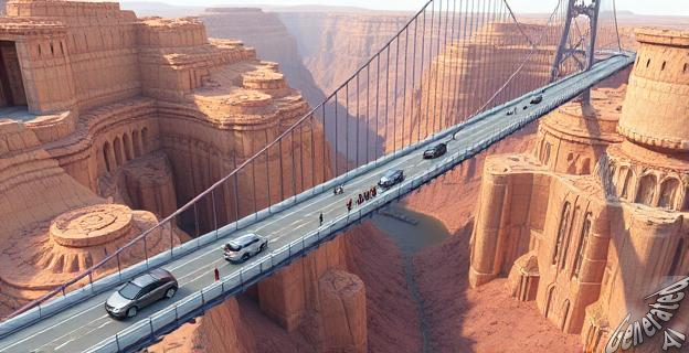 Un puente colgante gigante sobre un cañón profundo con vehículos circulando y personas caminando por una pasarela de cristal.