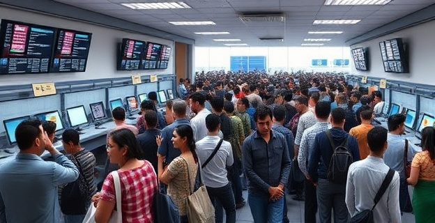 Oficinas de Extranjería abarrotadas de personas esperando para ser atendidas, con pantallas de ordenadores mostrando mensajes de error y colas que se extienden fuera del edificio.