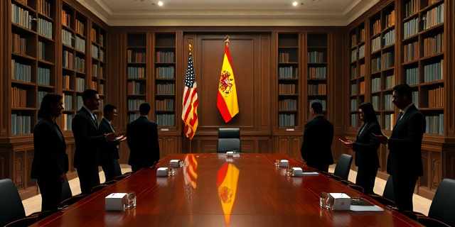 Un salón presidencial de Moncloa, con una mesa larga y elegante, estanterías de libros y una bandera española en el fondo. Alrededor de la mesa, se alzan siluetas de figuras en trajes formales, sin rostros visibles, sosteniendo carpetas y documentos. La iluminación es suave, con un foco que resalta la mesa y crea sombras sutiles en las figuras.