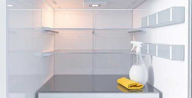 Imagen de una nevera limpia y desinfectada con todas las superficies brillantes y sin restos de comida, con un pulverizador y una microfibra en el mostrador