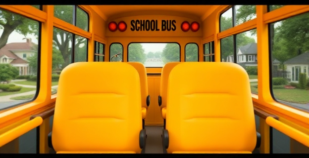 Un autobús escolar amarillo con cinturones de seguridad de tres puntos en los asientos, circulando por una carretera rodeada de árboles y casas suburbanas.