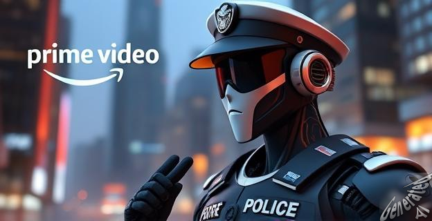 Una imagen de un robot policía con un fondo de ciudad futurista, con la logo de Amazon Prime Video en la esquina superior izquierda.