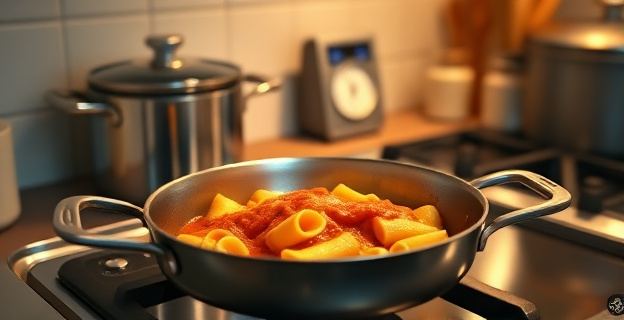Imagen de una cocina con una sartén donde se está preparando pasta con salsa, mostrando el proceso de mantecado. En el fondo, se ve una olla con agua de cocción y un temporizador. La iluminación es cálida y el ambiente es acogedor.