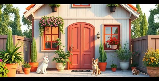 Imagen de una casa con plantas y mascotas alrededor, mostrando tanto la belleza de las plantas como la presencia de animales domésticos, sin incluir personas ni nombres propios.