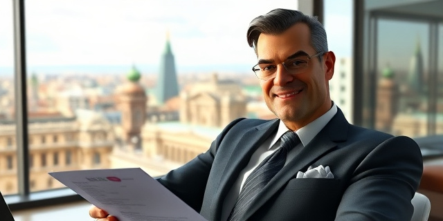 Un hombre de negocios con una sonrisa astuta y un traje caro, rodeado de papeles y documentos, con una vista de la ciudad de Madrid al fondo.