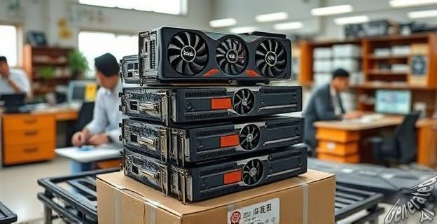 Una imagen de una caja de tarjetas gráficas apiladas en un taller de China con personas trabajando en ellas.