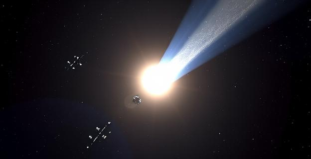 Imagen de un cometa acercándose al Sol con telescopios y sondas espaciales alrededor, en un fondo de estrellas