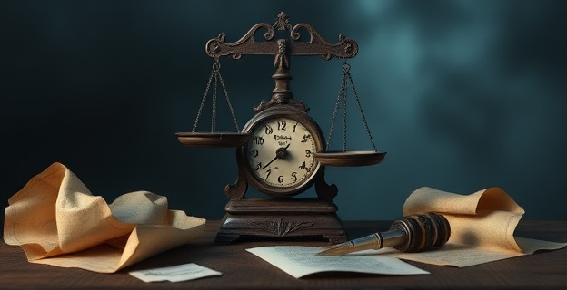 Una balanza antigua con platillos desnivelados, rodeada de papeles arrugados y una pluma de escribir rota, todo sobre un fondo oscuro y tormentoso