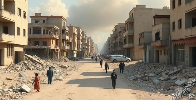 Imagen de una escena desoladora en Gaza con edificios destruidos y personas desplazadas, sin incluir nombres propios ni personas identificables.