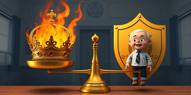 Una ilustración satírica y conceptual. En un lado de una balanza antigua, una corona real quemándose con indiferencia; en el otro lado, un pequeño muñeco de trapo con traje y corbata siendo protegido por un escudo judicial gigante y dorado. Fondo de oficina gubernamental minimalista, estilo caricatura editorial de periódico, colores contrastados, atmósfera irónica.