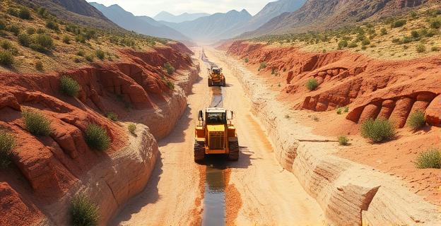 Imagen de un barranco seco con maquinaria pesada en el cauce, rodeado de vegetación y con montañas al fondo