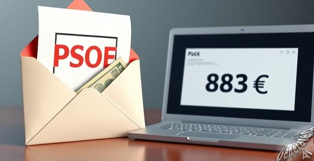 Una imagen de un sobre con dinero en efectivo y un documento con el logo del PSOE, junto a un ordenador mostrando una transferencia bancaria por 883 euros.