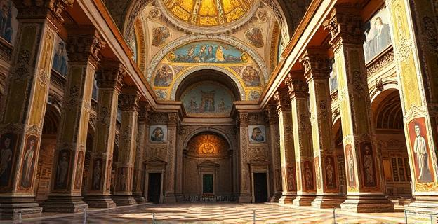 Imagen de una antigua basílica con mosaicos dorados y decoraciones elaboradas en un entorno arqueológico