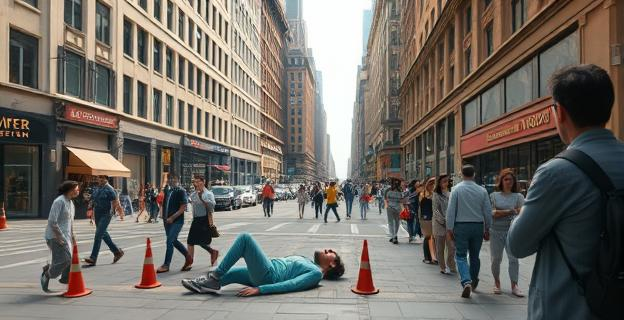 Imagen de una calle céntrica de una ciudad con personas alrededor de alguien tirado en el suelo, mientras una persona graba desde una ventana.