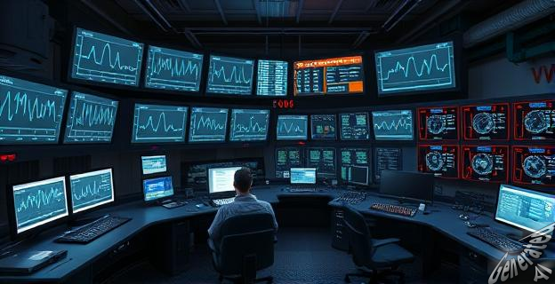 Sala de control de una central eléctrica con pantallas mostrando gráficos de tensión y redes eléctricas, con un ambiente tenso y trabajadores revisando datos