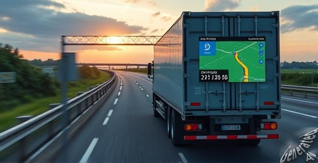 Un camión de mercancías conduciendo por una carretera con un sistema de navegación GPS avanzado y pantallas mostrando datos de logística en tiempo real.