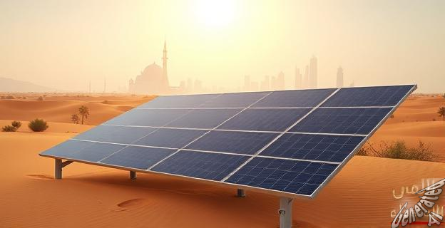 Una imagen de un panel solar en el desierto saudí con una ciudad moderna al fondo, simbolizando la transición energética del país.