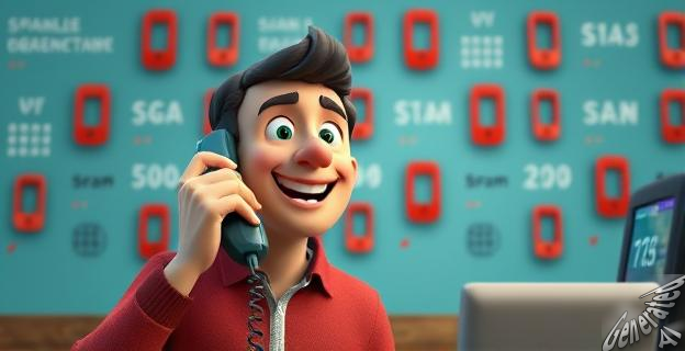 Una persona coge el teléfono y sonríe al escuchar la voz del otro lado, con un fondo de llamadas spam en la pared.