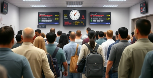 Una oficina de extranjería saturada con personas esperando en cola, mientras al fondo se ven pantallas con citas agotadas y un reloj marcando el paso del tiempo.