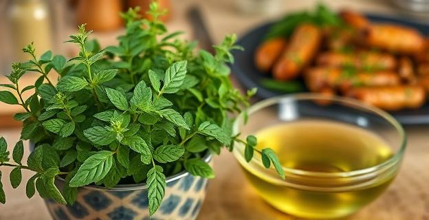 Imagen de un orégano fresco en una cocina, con un tazón de infusión al lado y un plato con comida condimentada con orégano al fondo