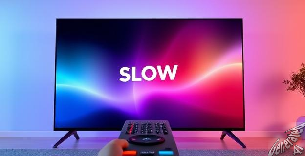 Una Smart TV con pantalla grande mostrando una interfaz de usuario lenta y un mando a distancia con diseño de puntero