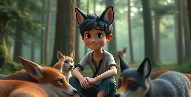 Una persona con orejas de lobo y cola, sentada en un bosque, rodeada de animales, con una expresión de paz y conexión