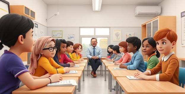 Una imagen de un colegio con estudiantes y profesores de diferentes culturas y religiones, con un ambiente de aprendizaje y diversidad en Castilla y León.