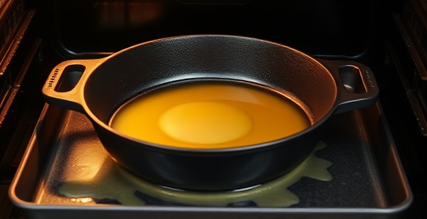 Una sartén de hierro siendo curada en un horno con una capa de aceite, con una bandeja debajo para recoger los posibles goteos.
