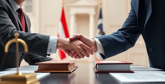 Una imagen conceptual que represente la negociación política entre partidos, con elementos que sugieran tensión y acuerdo, como manos que se estrechan o documentos firmados, en un entorno de austeridad y complejidad legal.
