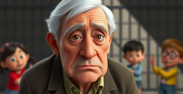 Un hombre mayor, con expresión de arrepentimiento, rodeado de niños jugando al fondo, con una sombra de una celda o prisión detrás.