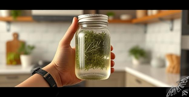 Una persona sostiene un frasco con una mezcla de orégano, vinagre y agua, con un fondo de una cocina limpia y organizada.