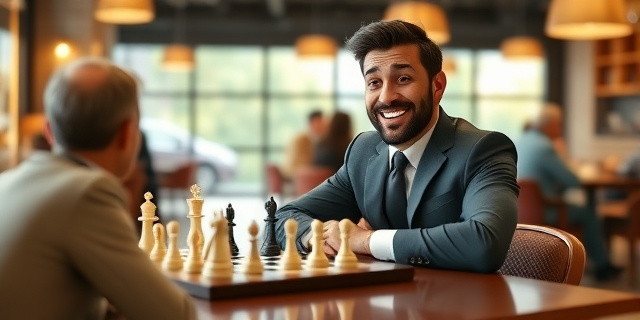 Un hombre sonriente con traje y corbata, sentado en un café, jugando al ajedrez con un oponente invisible, mientras un grupo de personas observa desde el fondo
