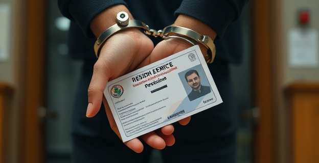 Imagen de un hombre de origen magrebí esposado con una tarjeta de residencia en la mano, con un fondo de una comisaría de policía o un juzgado, representando la tensión entre la justicia y la política migratoria.