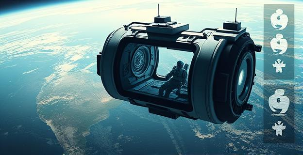 Imagen de una estación espacial futurista flotando sobre la Tierra con astronautas en sus interiores mientras se desarrolla una situación de tensión y conflicto