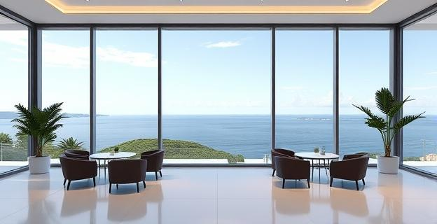 Edificio de oficinas de lujo en Marbella con vista al mar, representando empresas inmobiliarias de alta gama