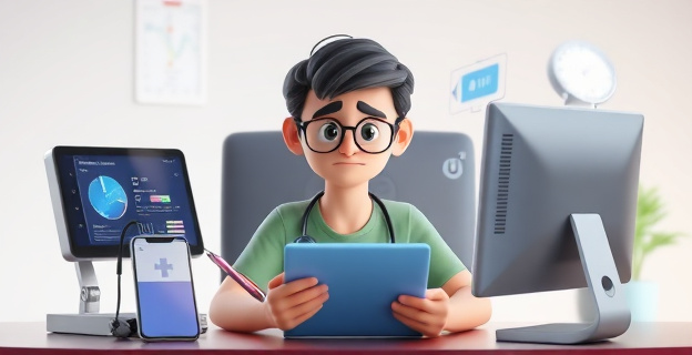 Una persona sentada frente a una pantalla de ordenador, rodeada de dispositivos móviles y con una expresión de preocupación en su rostro, mientras busca información sobre salud en internet.