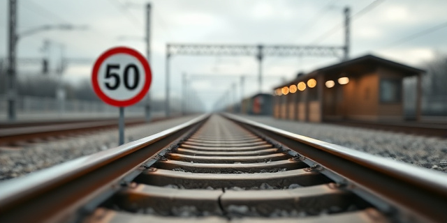 Un tramo de vía de trenes con grietas visibles y un cartel de velocidad reducida a 50 km/h. Al fondo, una estación de tren con luces apagadas y un cielo gris como metáfora de la incertidumbre.