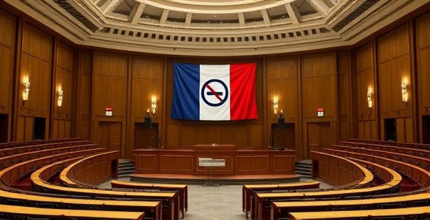 Imagen de una sala de plenos municipal vacía con una bandera francesa y un letrero que indica 
