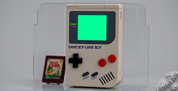 Una imagen de una réplica de la Game Boy de LEGO con 421 piezas y un efecto lenticular en la pantalla que parece encendida, con cartuchos de Super Mario Land y The Legend of Zelda: Link