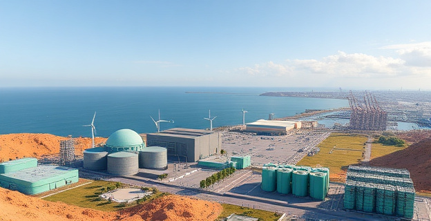 Paisaje industrial futurista en Marruecos con plantas de producción de hidrógeno verde y energías renovables, con vista al mar y puertos industriales