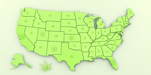 Mapa de EE. UU. con estados coloreados de verde cuando legalizó cannabis, iconos de hojas y barras de crimen descendiendo, sin texto ni caras, estilo ilustración editorial
