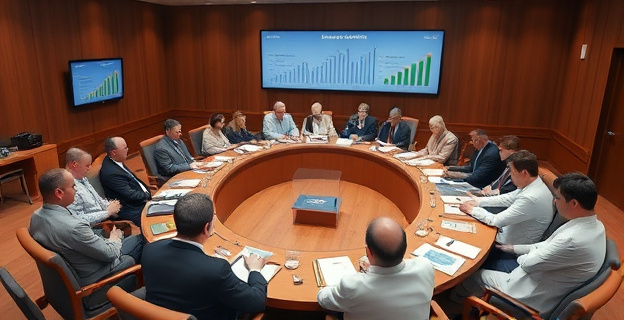 Una sala llena de políticos sentados alrededor de una gran mesa de madera, con papeles y documentos esparcidos, y una pantalla en la pared mostrando cifras y gráficos de presupuestos.