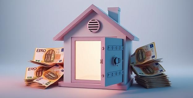 Una casa con un cofre fuerte y billetes de euro alrededor, simbolizando la seguridad y el ahorro en efectivo.