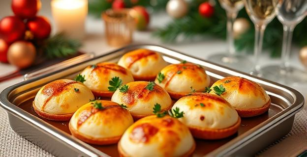 Una bandeja de txangurro al horno con perejil fresco y una vajilla elegante de Navidad