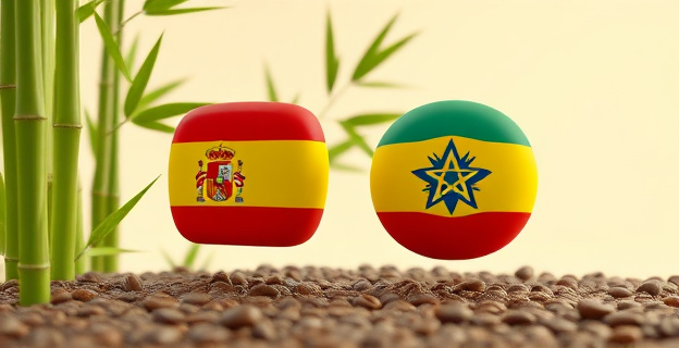 Una imagen que represente la cooperación internacional entre España y Etiopía, con elementos que simbolicen el bambú y el café, en un entorno que refleje la cultura y la naturaleza de Etiopía.
