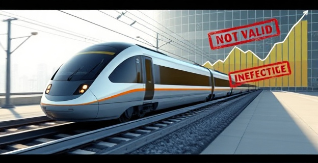Una imagen conceptual que represente un tren de alta velocidad circulando por una vía equipada con tecnología de seguridad avanzada, pero con una sombra o un reflejo que sugiere la falta de activación del sistema de seguridad. En el fondo, un gráfico que muestra una gran inversión económica con un sello de 