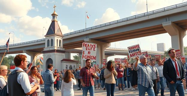 Imagen de una iglesia con personas manifestándose fuera, con carteles y tensión en el ambiente. Al fondo, un puente de carretera con personas sentadas debajo.